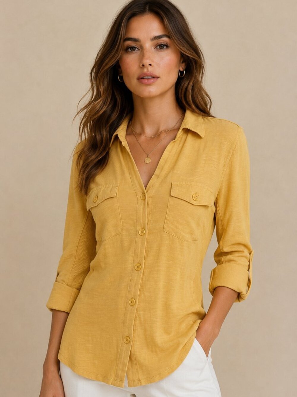 Cato Mustard Yellow Button-Front Knit Shirt Women’s Small 3/4 Sleeve